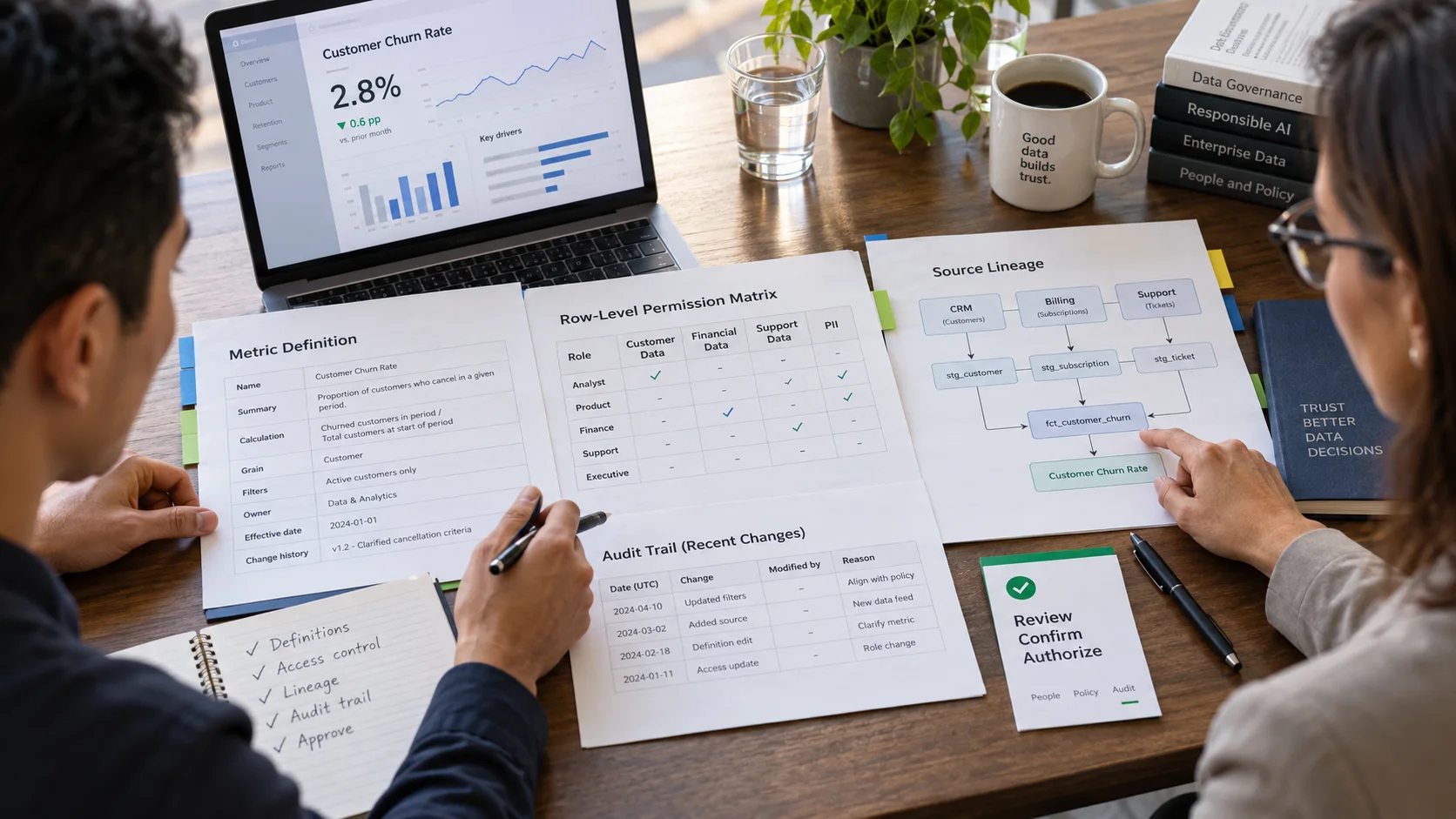 Editorial visualization of an enterprise data agent moving from governed sources to analysis and approved action