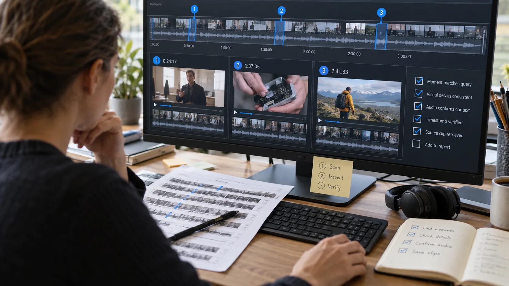 Editorial visualization of an AI scanning a video timeline and inspecting selected segments