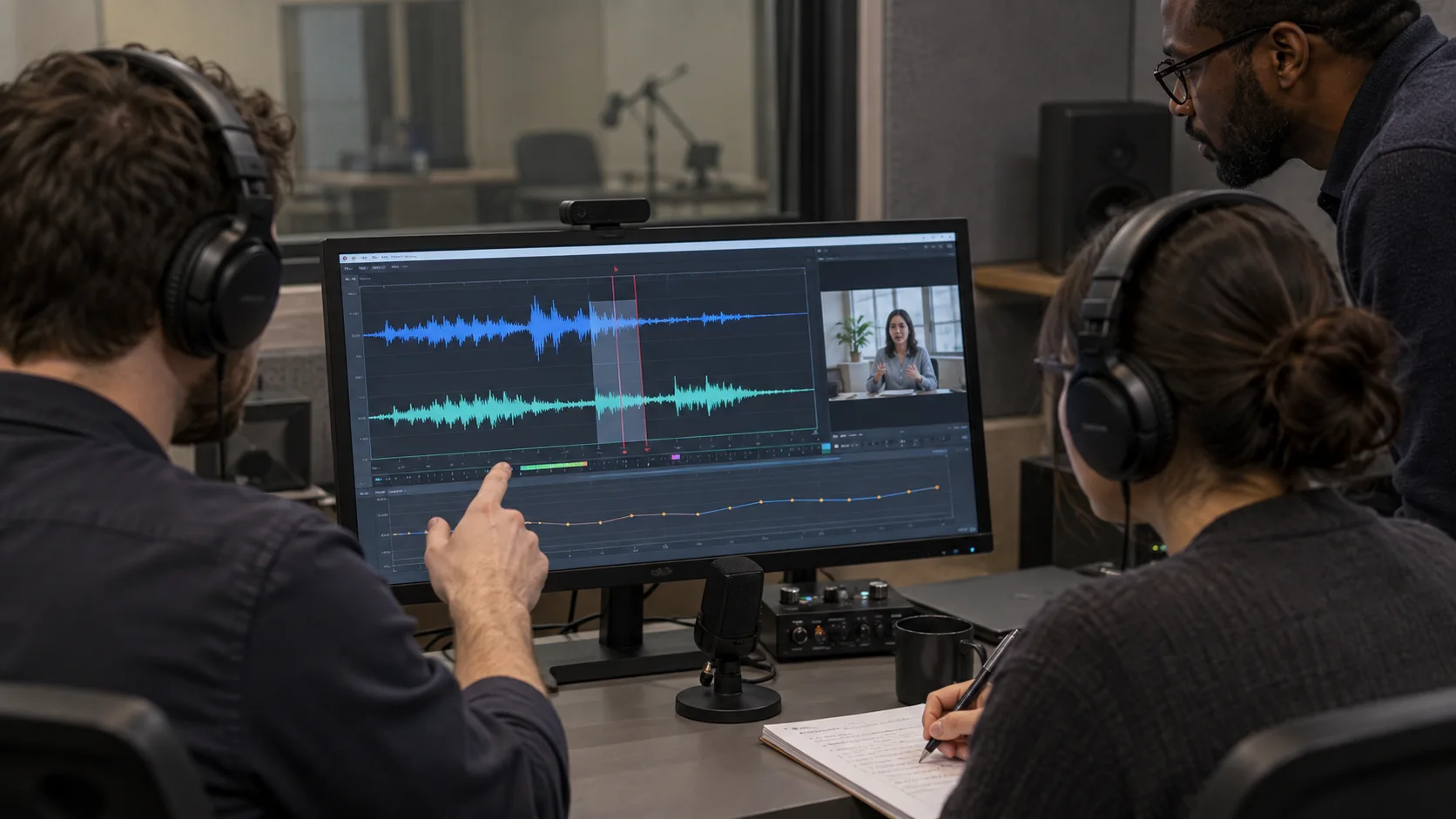 Editorial visualization of a full-duplex voice assistant listening, speaking, and using tools